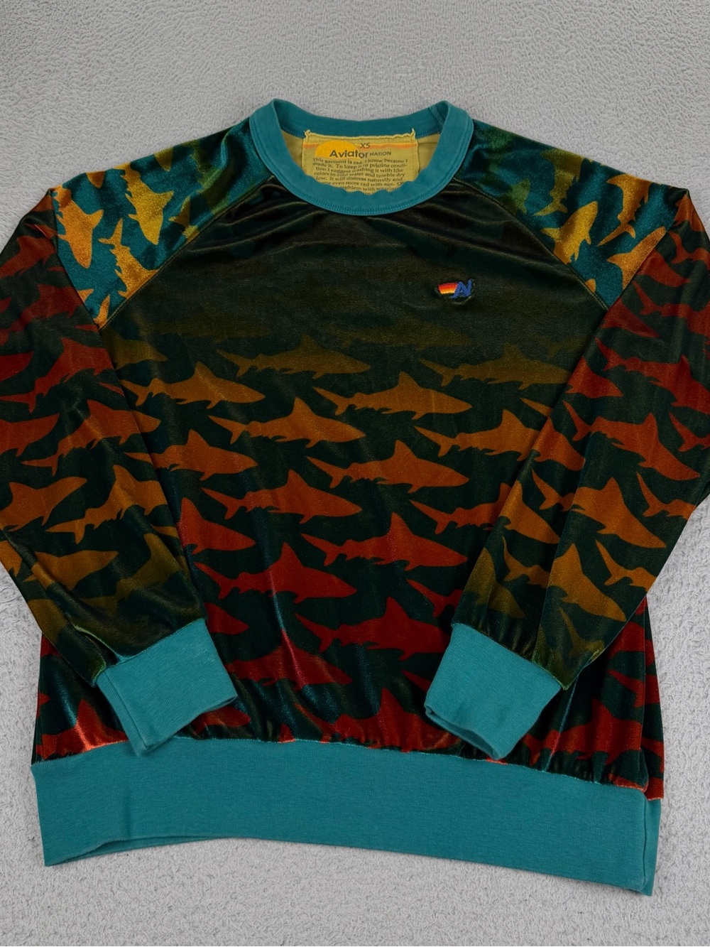 Aviator Nation Velvet Sweatshirt Womens XS Multicolor Shark Rainbow Pullover - Picture 8 of 11